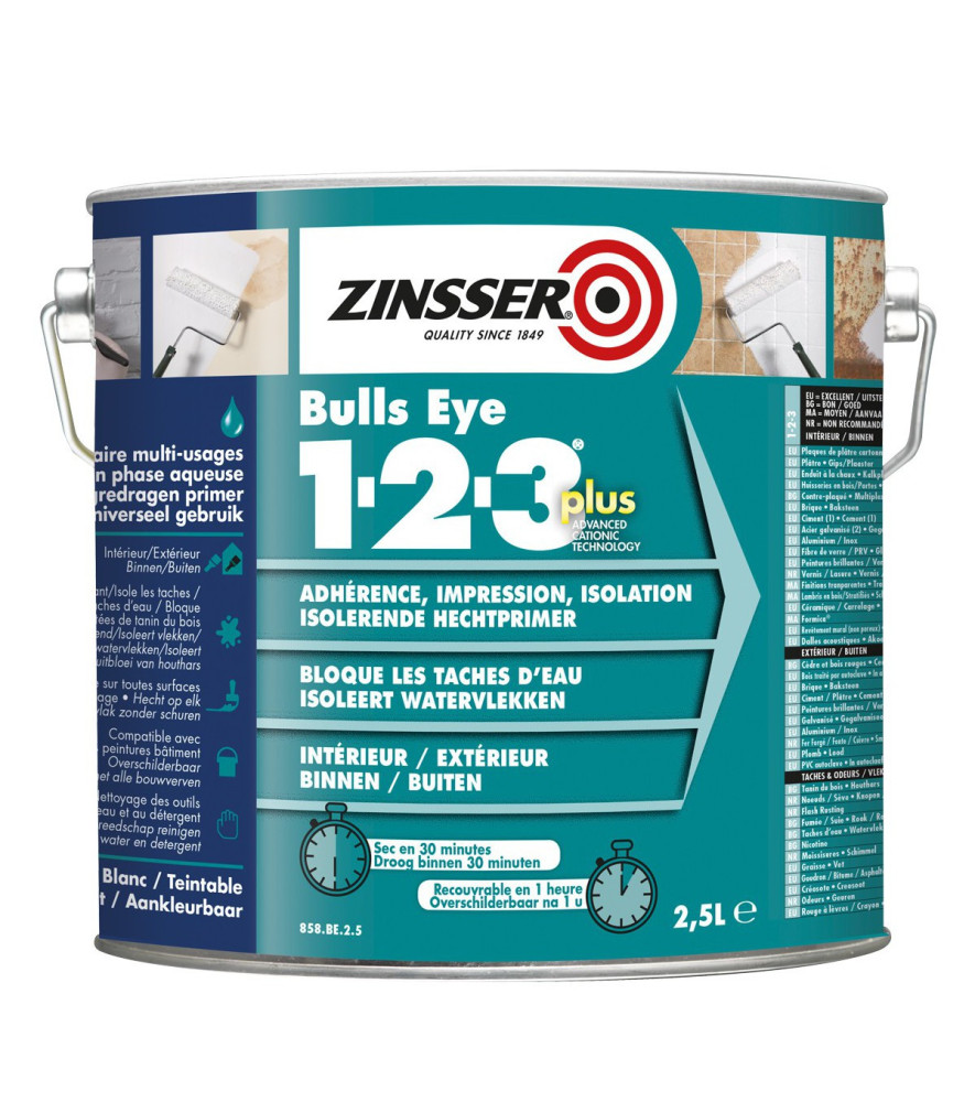 Primaire isolant ZINSSER Bulls Eye 1-2-3 PLUS blanc 2,5L