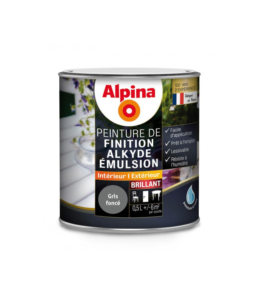 Peinture alkyde émulsion brillant ALPINA 0,5L gris foncé