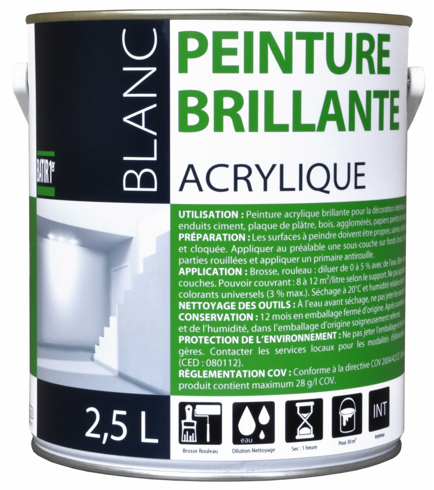 Peinture acrylique BATIR 1° brillant blanc 2,5L