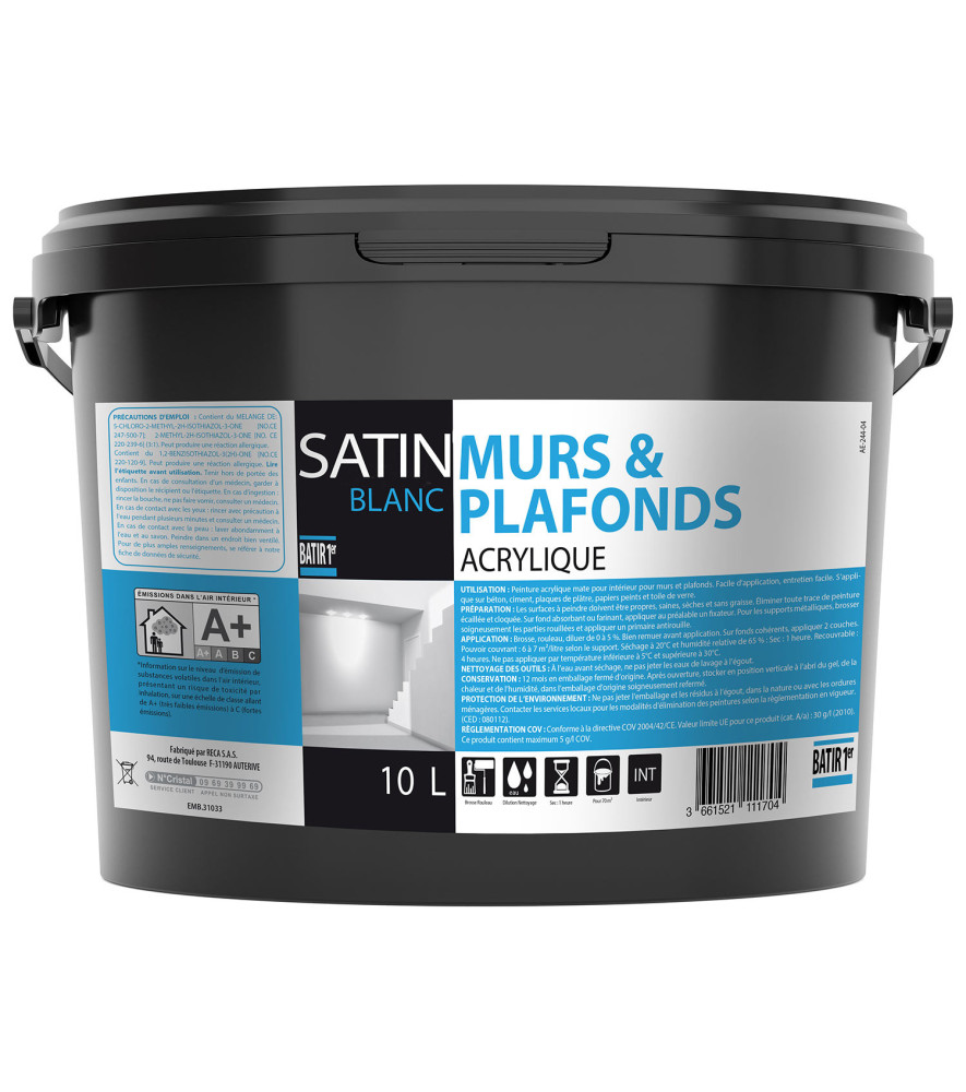 Peinture acrylique BATIR 1° Murs & Plafonds satin blanc 10L